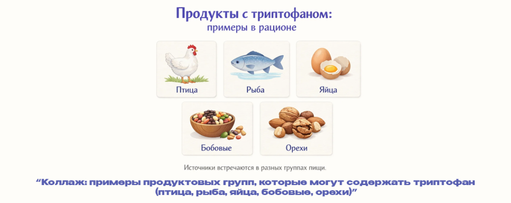 Коллаж- примеры продуктовых групп которые могут содержать триптофан (птица рыба яйца бобовые орехи).png