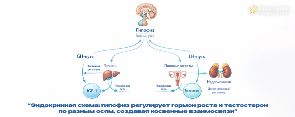 Эндокринная схема- гипофиз регулирует гормон роста и тестостерон по разным осям создавая косвенные взаимосвязи.png