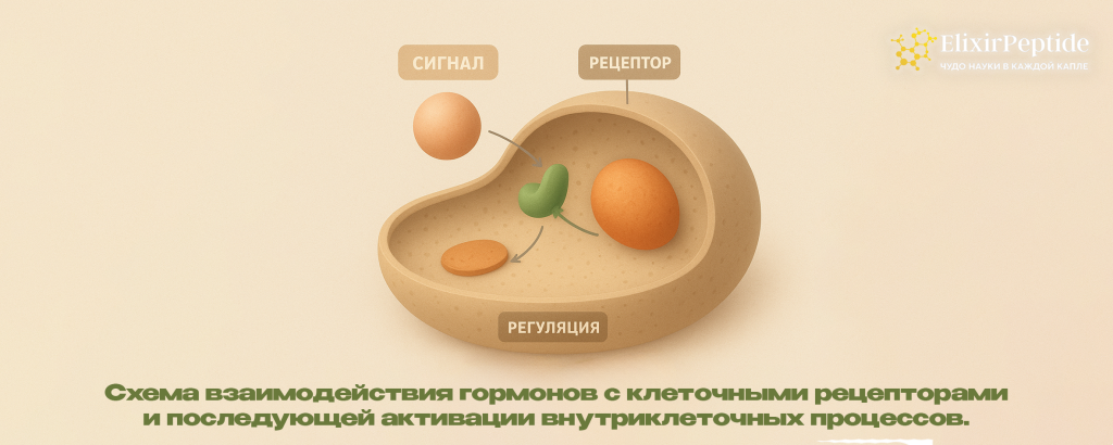 Схема взаимодействия гормонов с клеточными рецепторами и последующей активации внутриклеточных процессов. .png