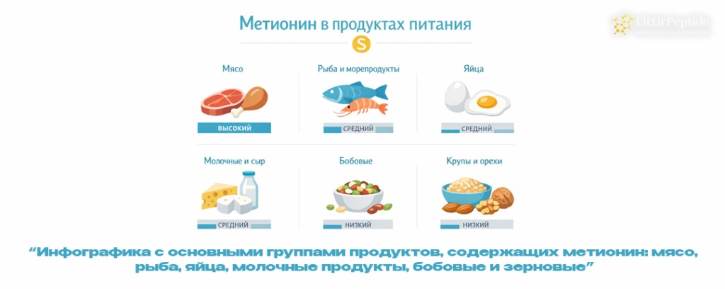 Инфографика с основными группами продуктов содержащих метионин- мясо рыба яйца молочные продукты бобовые и зерновые.jpg